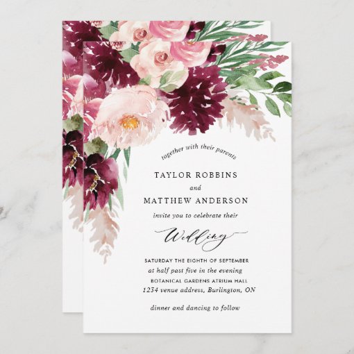 Elegant Burgundy Berry Blush Pink Floral Wedding Invitation | Zazzle