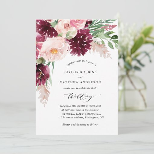 Elegant Burgundy Berry Blush Pink Floral Wedding Invitation | Zazzle