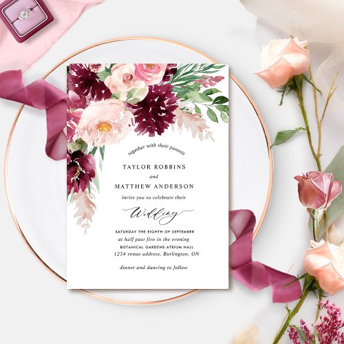 Elegant Burgundy Berry Blush Pink Floral Wedding Invitation