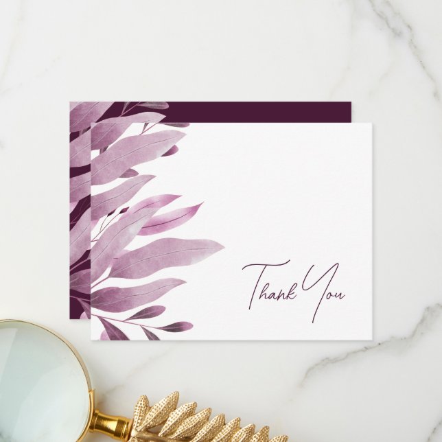Elegant Burgundy Big Leaves Wedding Thank You Card (Front/Back In Situ)