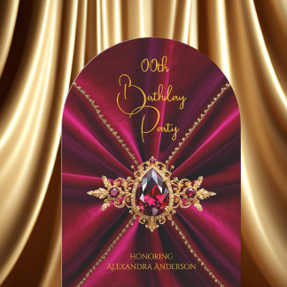 Elegant Burgundy Birthday Gold Jewel Faux Velvet Invitation