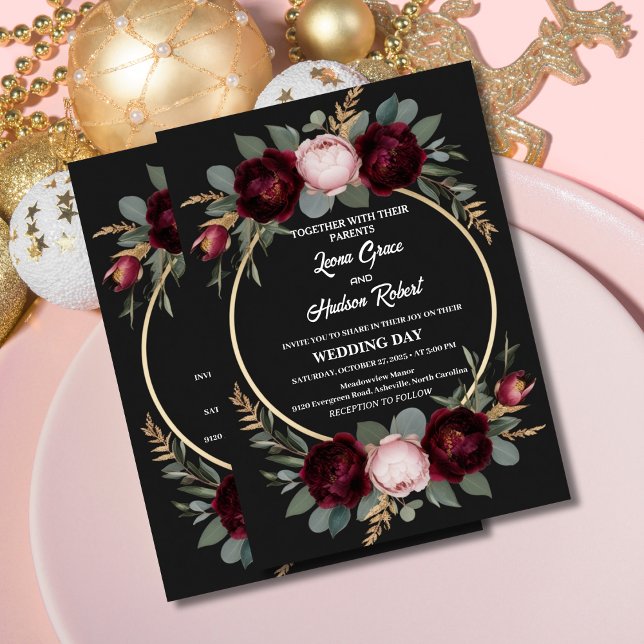 Elegant Burgundy, Black, and Gold Floral Wedding Invitation (Creator Uploaded)