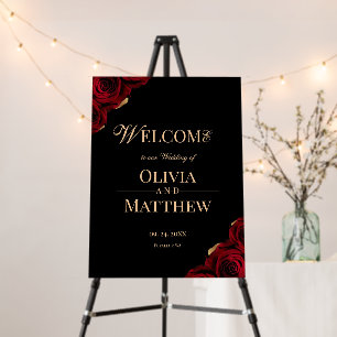 Elegant Burgundy Black Roses Welcome Wedding Sign