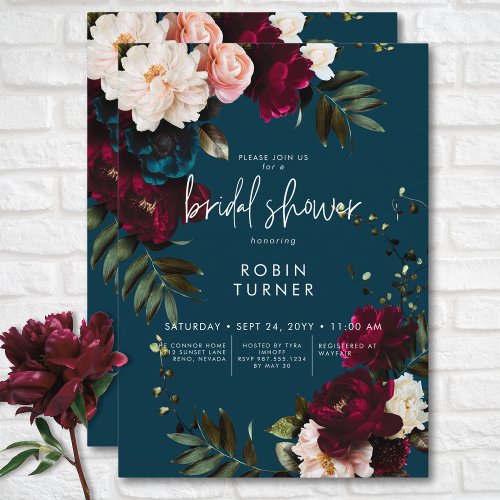 Elegant Burgundy  Blue Floral Bridal Shower Invitation