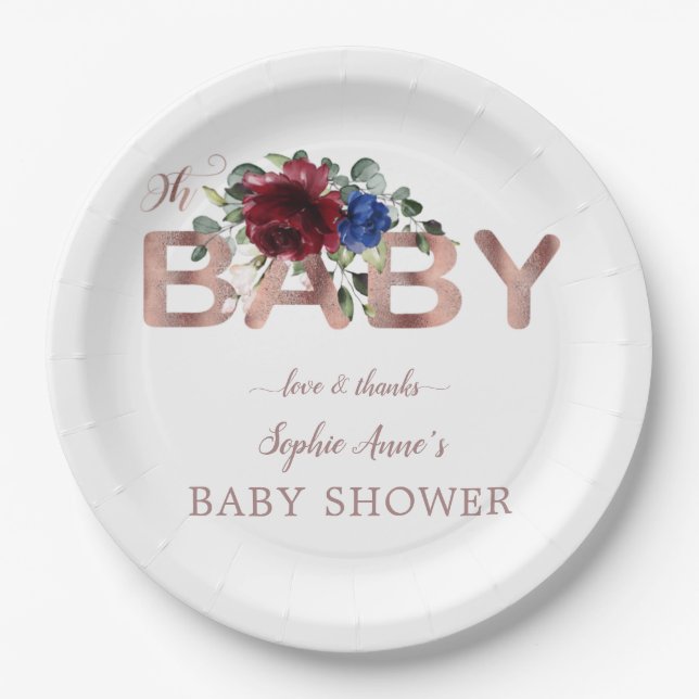 Elegant Burgundy Blue Floral Gold Boy Baby Shower Paper Plates (Front)