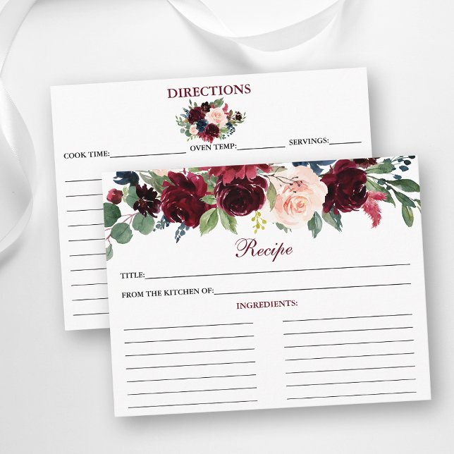 Elegant Burgundy Blue Floral Shower Recipe Card (Customize to change text color, size or text style.)