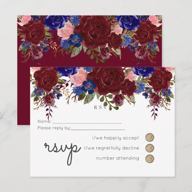 Elegant Burgundy Blue Floral Wedding Budget Invitation Postcard (Front/Back)