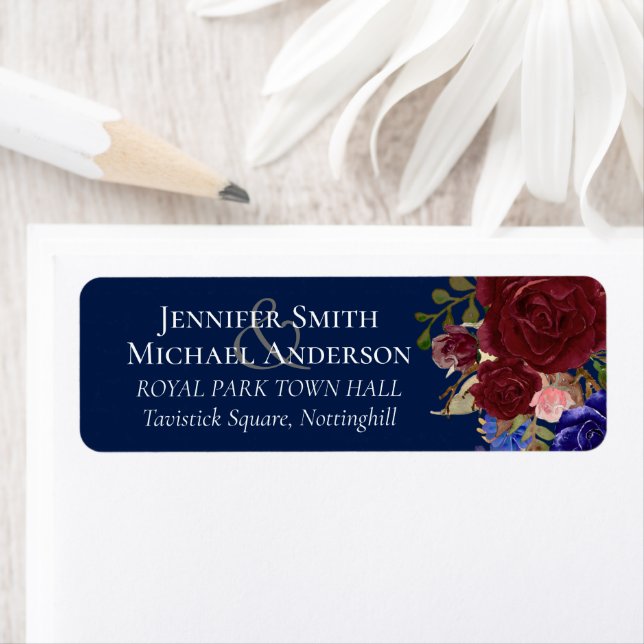 Elegant Burgundy Blue Floral Wedding Budget Label (Insitu)