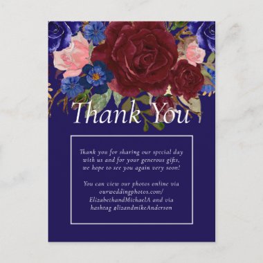 Elegant Burgundy Blue Floral Wedding Budget Postcard