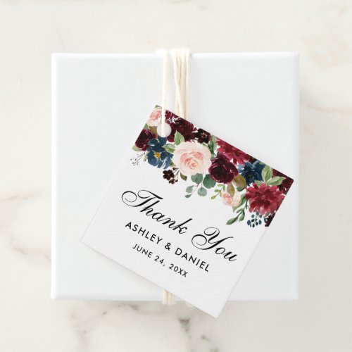 Elegant Burgundy Blue Floral Wedding Thank You Favor Tags