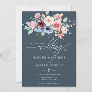 Elegant Burgundy Blue Flowers QR Code Wedding Invitation