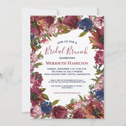 Elegant Burgundy Blue Gold Floral Bridal Shower Invitation