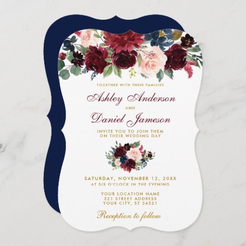 Elegant Burgundy Blue Watercolor Floral Wedding B Invitation