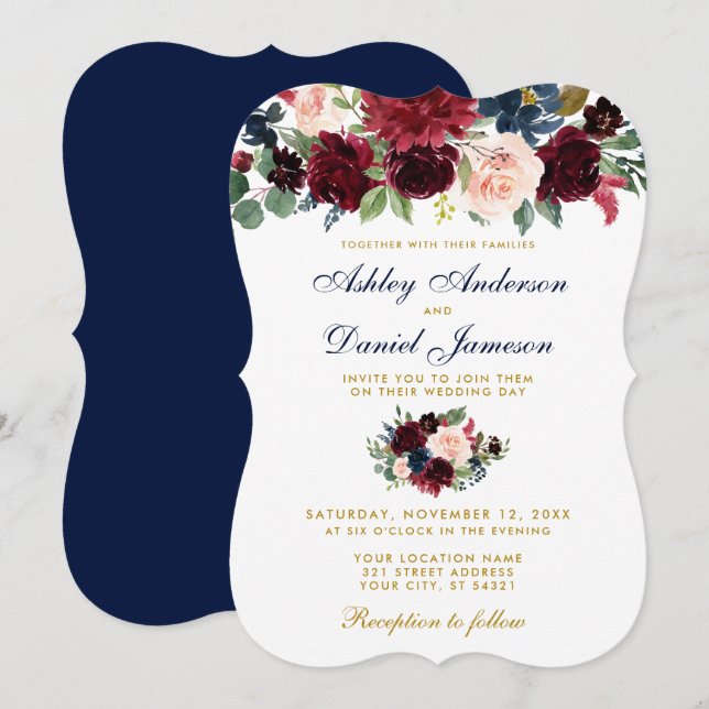 Elegant Burgundy Blue Watercolor Floral Wedding BG Invitation (Front/Back)