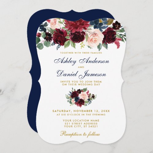 Elegant Burgundy Blue Watercolor Floral Wedding BG Invitation