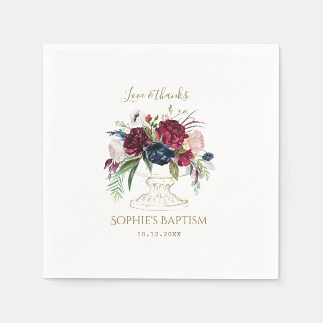 Elegant Burgundy Blue Watercolor Flowers Baptism Napkins (Front)