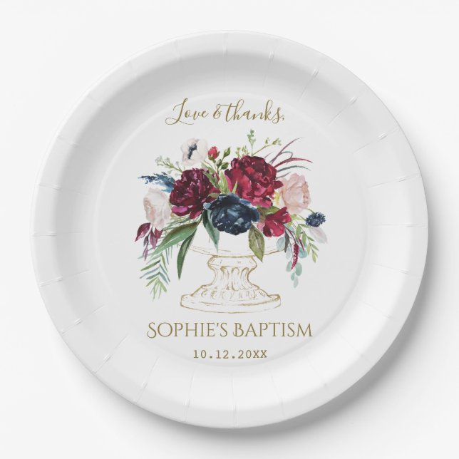 Elegant Burgundy Blue Watercolor Flowers Baptism Paper Plates (Front)