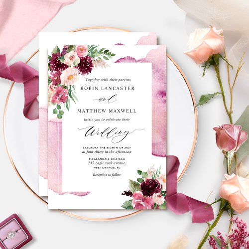 Elegant Burgundy Blush and Berry Floral Wedding Invitation