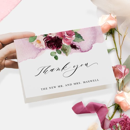 Elegant Burgundy Blush and Pink Floral Folded Thank You Card