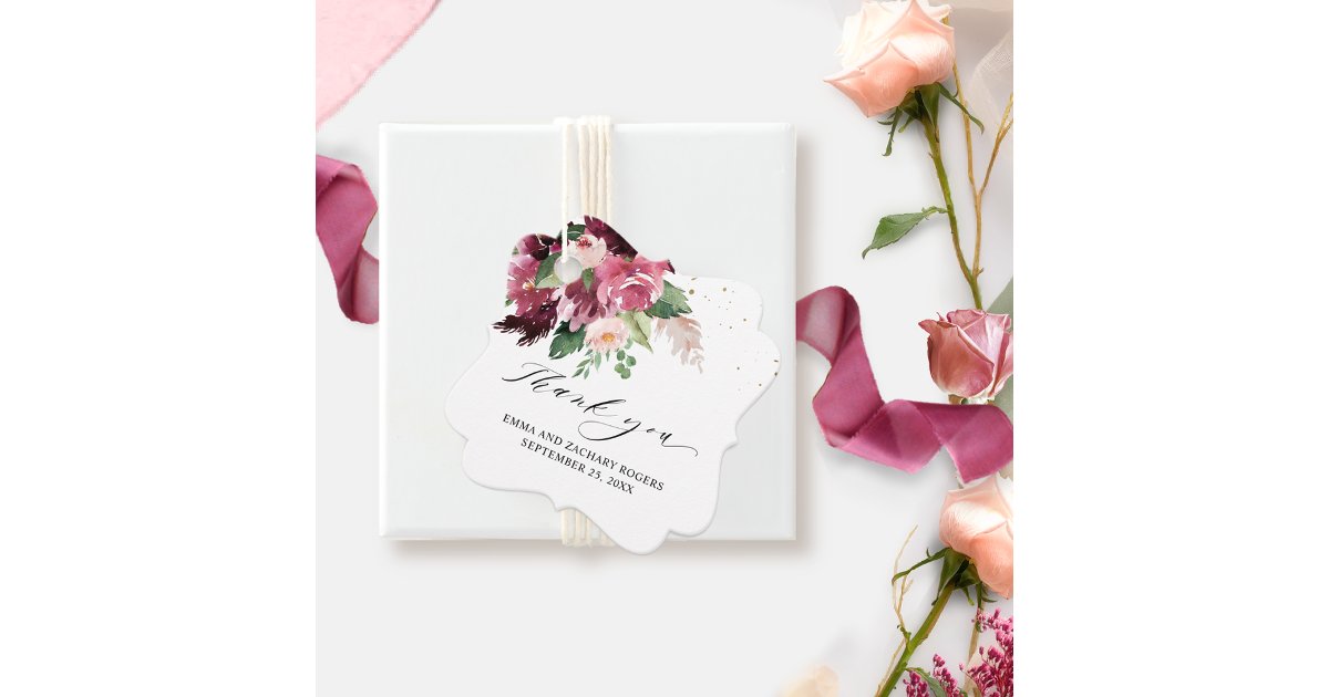 Elegant Burgundy Blush and Pink Wedding Thank You Favor Tags | Zazzle