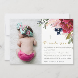 Elegant Burgundy Blush Blue Floral Photo Baptism Thank You Card