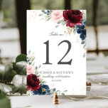 Elegant Burgundy Blush Blue Roses Floral Flowers Table Number<br><div class="desc">Designed to co-ordinate with our Luxe Burgundy Blush Blue Floral collection, this elegant table number card features beautiful watercolor rich burgundy, blush, blue floral and gold elements and greenery. Personalize each card with a table number and your details, simply press the customise it button to further re-arrange and format the...</div>