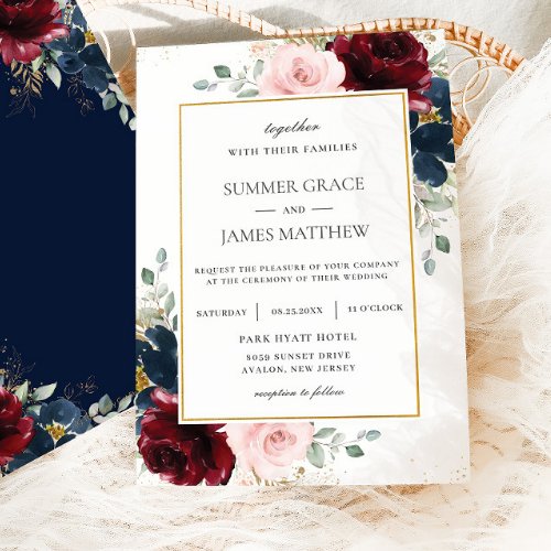 Elegant Burgundy Blush Blue Roses Floral Wedding  Invitation