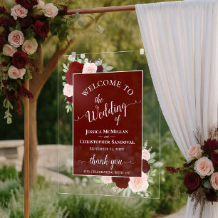 Elegant Burgundy Blush Boho Roses Wedding Welcome Acrylic Sign
