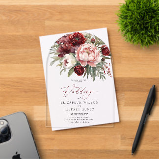 Elegant Burgundy Blush Botanical Floral Wedding Acrylic Invitations