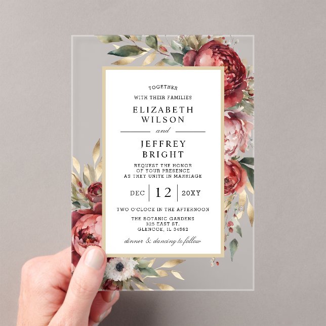 Elegant Burgundy Blush Botanical Floral Wedding Acrylic Invitations (Insitu (Handheld))