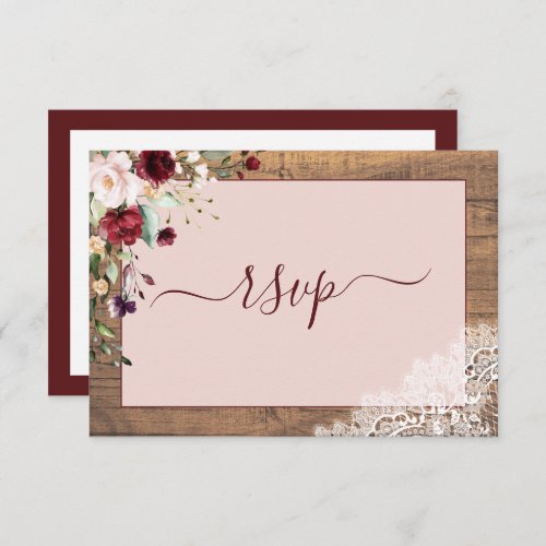 Elegant Burgundy Blush Botanical Lace Wood RSVP