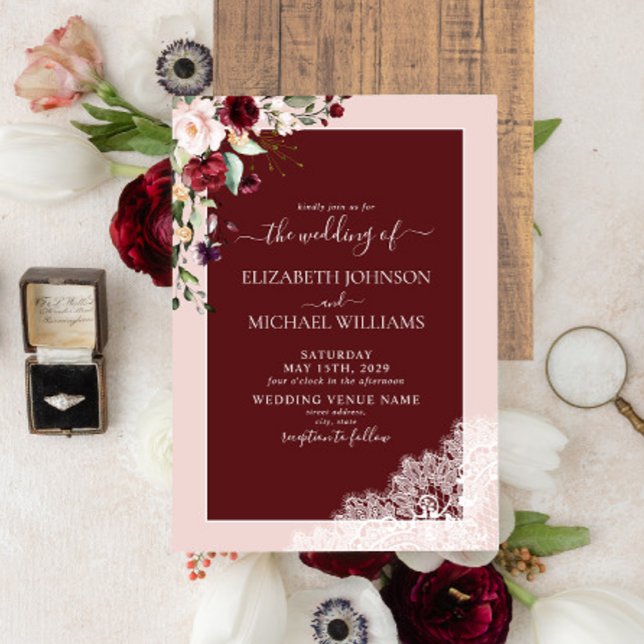 Elegant Burgundy Blush Botanical Rustic Wedding  Invitation (Creator Uploaded)