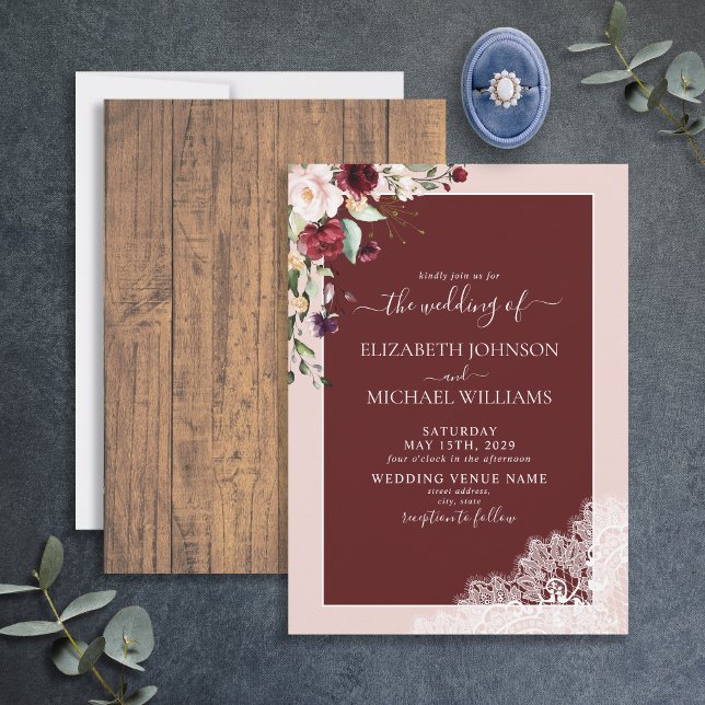 Elegant Burgundy Blush Botanical Rustic Wedding  Invitation