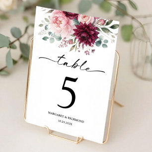 Elegant Burgundy Blush Classic Floral Wedding  Table Number