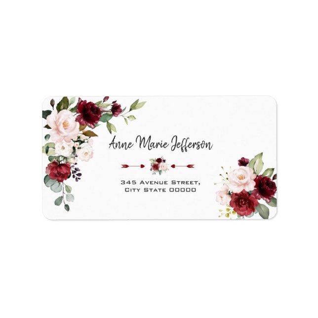 Elegant Burgundy Blush Cream Floral Wedding Label (Front)