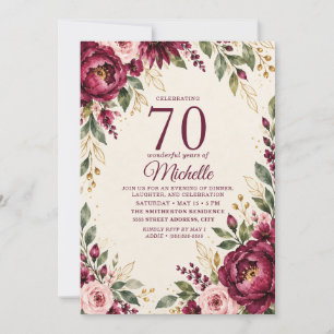 Elegant Burgundy Blush Floral 70th Birthday Invitation