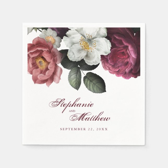 Elegant Burgundy Blush Floral Botanical Wedding Napkins (Front)