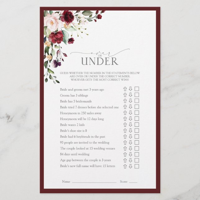 Elegant Burgundy Blush Floral Bridal Shower Game (Front)