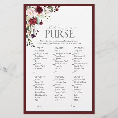 Elegant Burgundy Blush Floral Bridal Shower Game