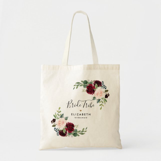 Elegant Burgundy Blush Floral Bride Tribe Tote Bag (Front)