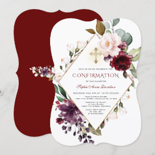 Elegant Burgundy Blush Floral Cross Confirmation Invitation