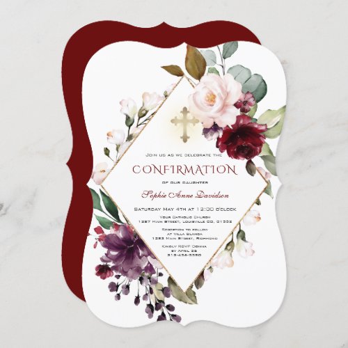 Elegant Burgundy Blush Floral Cross Confirmation Invitation
