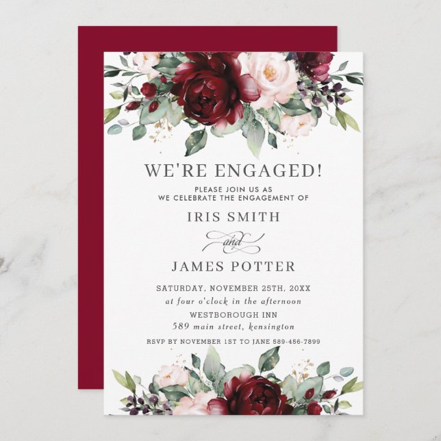 Elegant Burgundy Blush Floral Engagement Party Inv Invitation (Front/Back)