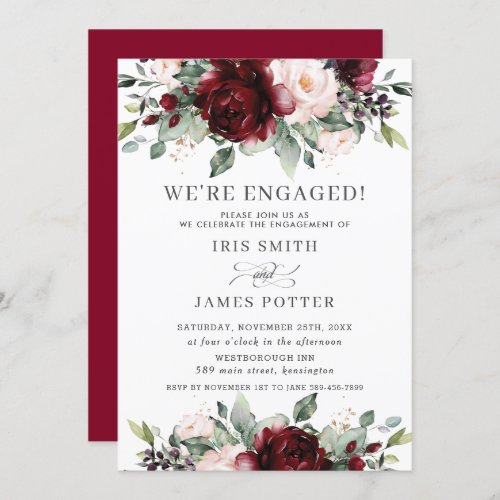 Elegant Burgundy Blush Floral Engagement Party Inv Invitation