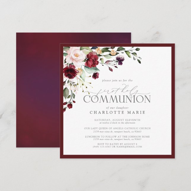 Elegant Burgundy Blush Floral First Holy Communion Invitation (Front/Back)