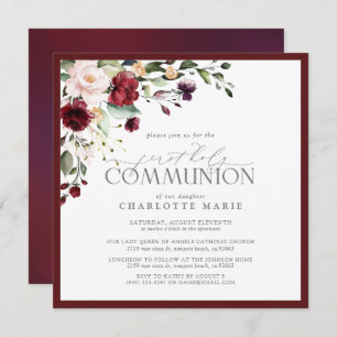 Elegant Burgundy Blush Floral First Holy Communion Invitation