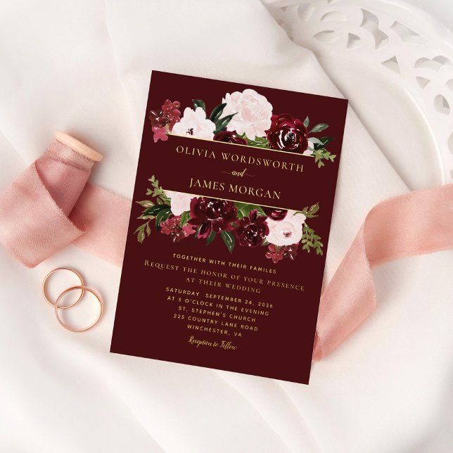 Elegant Burgundy Blush Floral Gold Foil Wedding Invitation (Creator Uploaded)