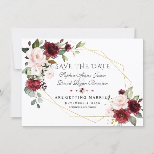 Elegant Burgundy Blush Floral Gold Frame Wedding Save The Date