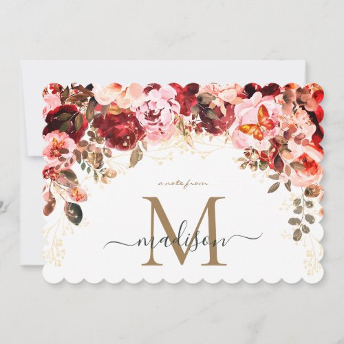 Elegant Burgundy Blush Floral Gold Monogram Note Card