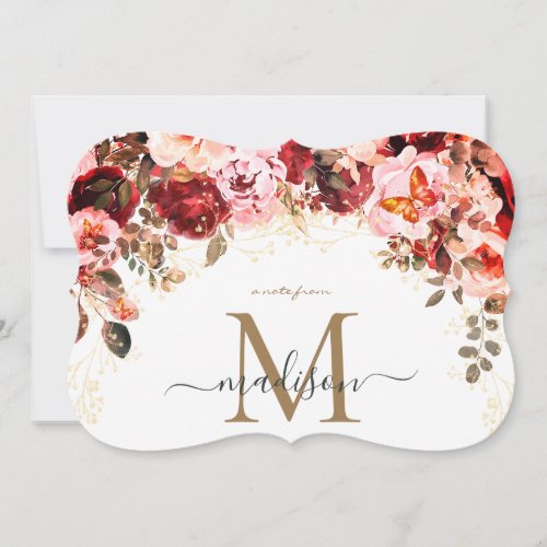 Elegant Burgundy Blush Floral Gold Monogram Note Card